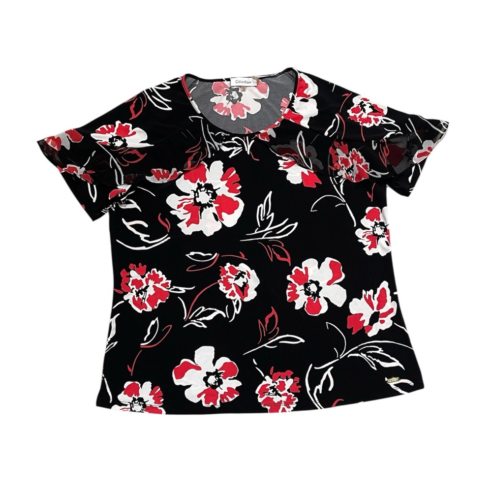 CALVIN KLEIN Womens Floral Top XL Black Red White Short Ruffle Sleeve Round Neck - Picture 2 of 10